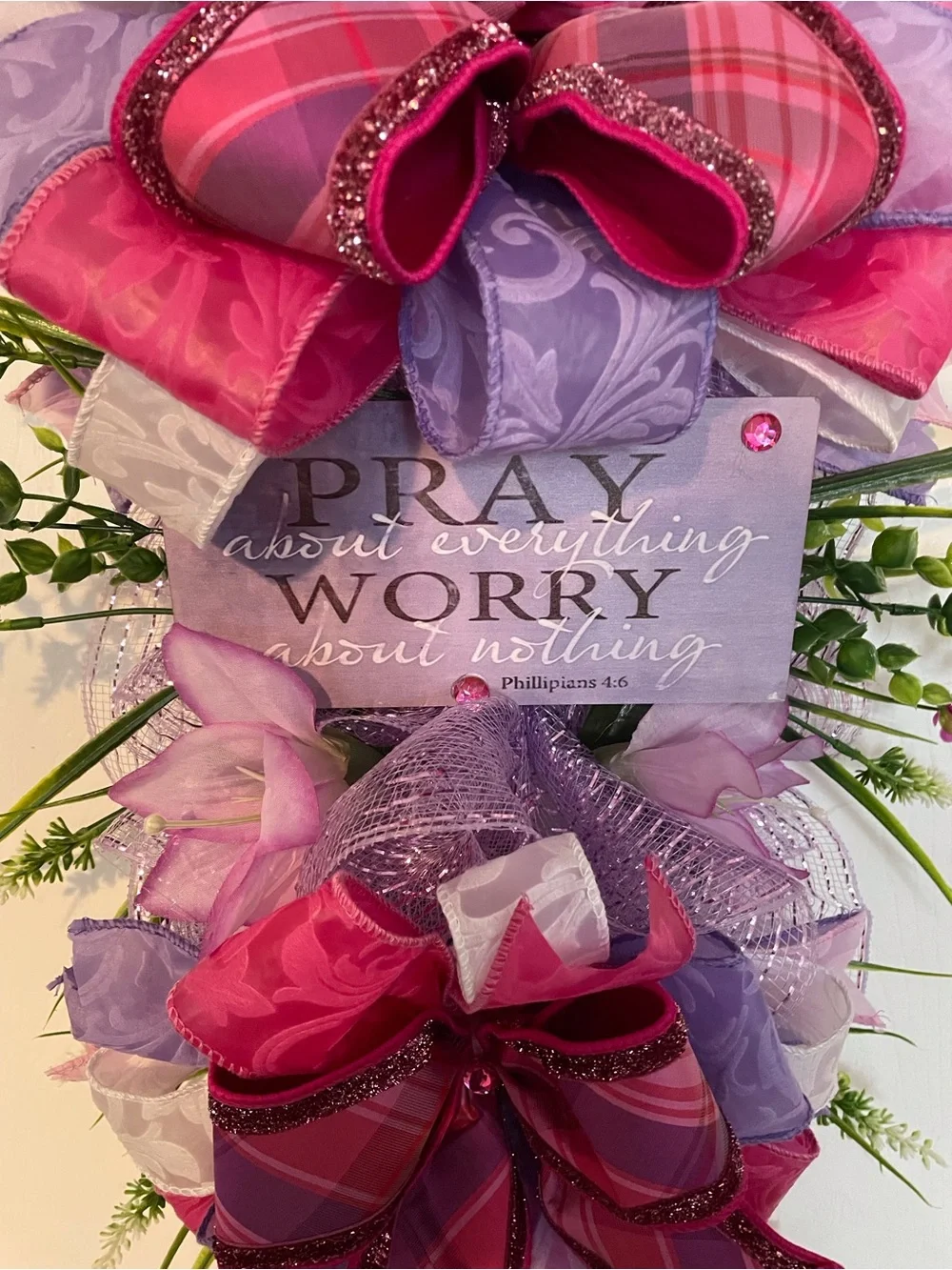 Home Holiday Pink & Purple Ribbon Door Swag with Floral Accents